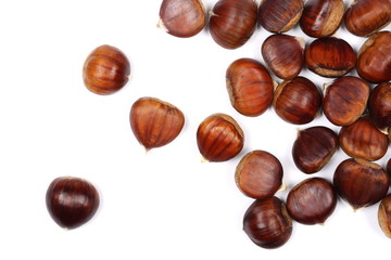 Pile edible chestnut isolated on white background, top view
