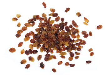 Pile of raisins isolated on white background, top view
