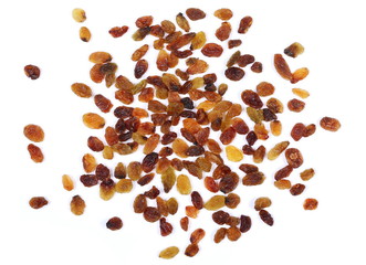 Pile of raisins isolated on white background, top view