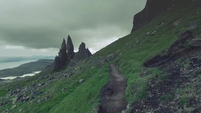 Mountain trail in the mountains Old Man of Storr in Scotland, UK