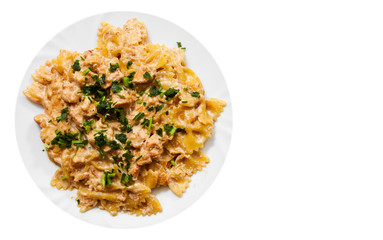 Sliced fried chicken fillet in a creamy sauce. with farfalle pasta. in plate with copy space. top view. isolated on white