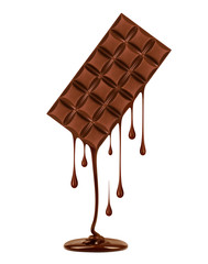 Chocolate dripping from black chocolate bar, isolated on white background