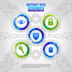 Abstract safety mechanism which is made of gears, icons key, shield, hacker bug, eye and padlock. Global network security on the circuit grey background. Digital technology protection concept.