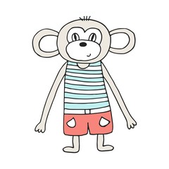 Cute hand drawn nursery poster with monkey in scandinavian style. Color vector illustration