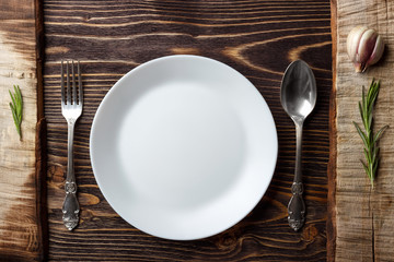 Cooking background concept. Vintage cutting board, pate and cutlery. Top view.