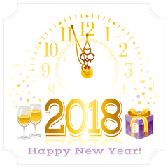 Obraz na płótnie Canvas Happy new year 2018 text logo icon. Vector poster with clock, wine champagne glass, gift box. Abstract holiday design template. Vintage symbols, text lettering banner. Isolated on white background