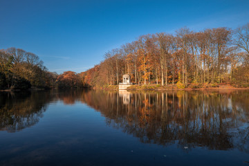 Autumn At Deuss Temple Krefeld Stadtwald With Beautiful Reflections In The Water