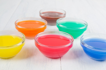 colored liquid on a white wooden background