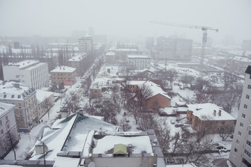 Foggy snowy winter day in Voronezh. Aerial view