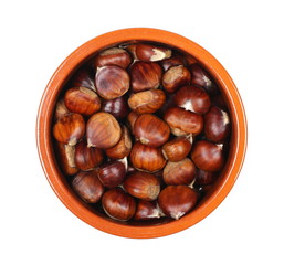 Pile edible chestnut isolated on white background, top view
