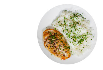 fried chicken breast with rice with copy space. top view. isolated on white