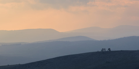 Sunrise over landscape, Vered HaGalil, Galilee, Israel