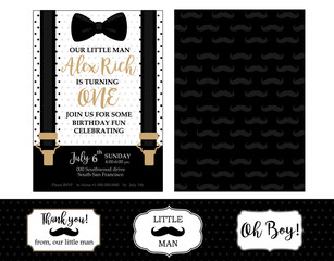 Little man birthday party ( Baby shower party) invitation card.  Vector bow tie and suspenders. Black, white and gold - classic patterns with mustache. Design for real man! Father day's template