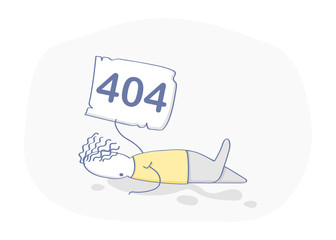 Flat line icon concept of 404 Error Page, Oops or File not found icon. Cute cartoon character with with broken leg and 404 sign in hand. Isolated vector illustration in modern trendy design style.