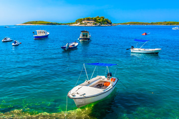 Hvar island summer coastline. / Summer seascape in Croatia. famous travel resort at Hvar island, Mediterranean.