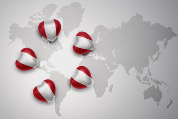 five hearts with national flag of peru on a world map background