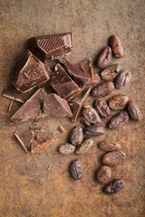 Dark chocolate and cocoa beans.