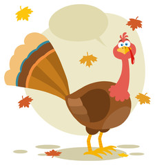 Thanksgiving Turkey Bird Cartoon Mascot Character. Illustration Flat Design Isolated On White Background With Autumn Leaves And Speech Bubble