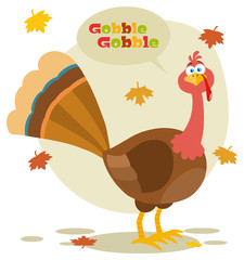 Thanksgiving Turkey Bird Cartoon Mascot Character. Illustration Flat Design Isolated On White Background With Autumn Leaves And Speech Bubble Text