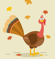 Thanksgiving Turkey Bird Cartoon Mascot Character. Illustration Flat Design With Background And Autumn Leaves