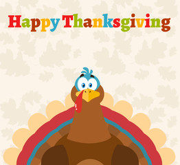 Naklejka premium Thanksgiving Text Over A Turkey Bird Cartoon Mascot Character. Illustration Flat Design Over Background With Autumn Leaves And Text Happy Thanksgiving
