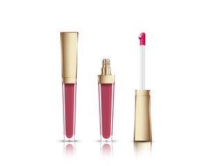 Obraz premium Lip gloss in elegant glass bottle with golden lid, closed and open container with brush, isolated on white background. Liquid lipstick