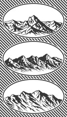 Set of Mountain range silhouettes. Blue  illustrations with copy-space. Engraved style.