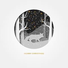 Merry Christmas 3d abstract paper cut illustration of fox in the forest snow. moon and stars in the night. Vector