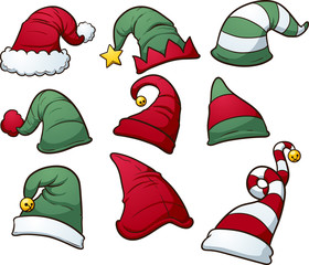 Christmas hats clip art. Vector cartoon illustration with simple gradients. Each hat on a separate layer.