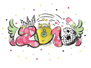 2018 New Year slogan with pop art paint design element for flyers, leaflets, postcards and posters. Vector illustration.