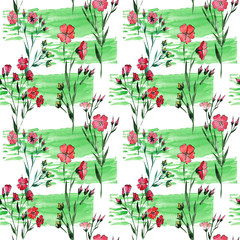 Fototapeta na wymiar Wildflower flax flower pattern in a watercolor style. Full name of the plant: flax. Aquarelle wild flower for background, texture, wrapper pattern, frame or border.