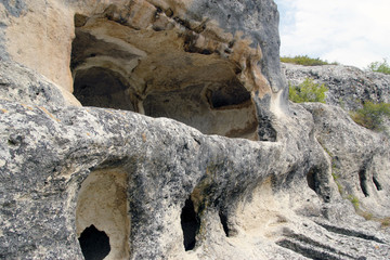 Ancient cave town/city of Crimean Tatar - Chufut-Kale, Mangup-Kale, Bakhchisaray. Historical ruins and amazing place. The Caves was built in the limestone walls. Cultural Landscape.
