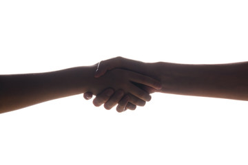 Isolated image of a handshake and the mother and son, woman and boy. The concept of family, support, help, love.