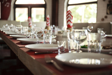 Served table in a restaurant a blurred background
