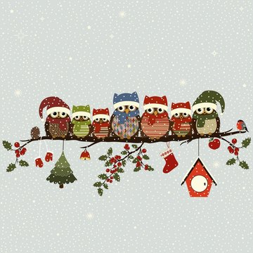 Greeting card with Christmas owls on branch