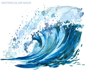 watercolor illustration  big blue wave