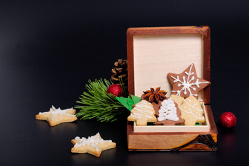 Idea DIY Do it yourself new year and Christmas gift concept butter sugar cookies with royal icing decoration in green bucket with copy space