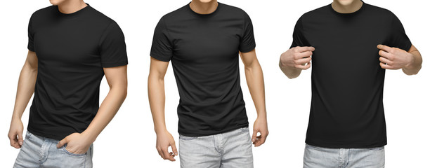 Young male in blank black t-shirt, front and back view, isolated white background. Design men tshirt template and mockup for print - 181842798