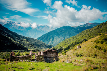 Fototapeta na wymiar View to old villages ruins in Caucasus Mountains. Svaneti, Geogria.