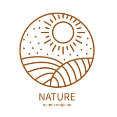 linear icon of landscape with field and sun in circle. Vector logo business emblems. logo for a ecology, health, travel, farming and yoga center.
