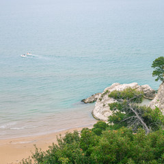 Sea ​​with cliffs and green trees. Quote background blank. Quote background photo. Quotation image. &nbsp;Instant vintage square photo. Elegant Fade, Fall Colors.