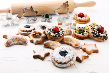 Mixed Christmas cookies. Colorful mix of Christmas-themed decorated xmas cookies.