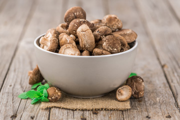 Portion of Raw Shiitake mushrooms, selective focus