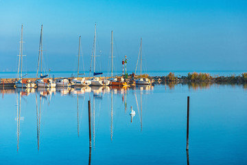 Sailboats in the harbor of Szántód, Hungary