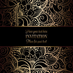 Vintage baroque Wedding Invitation template with damask background. Tradition decoration for wedding. Vector illustration in black and gold