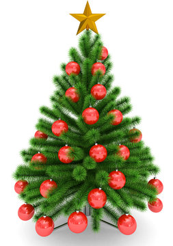 Christmas tree decorated with red Christmas balls and golden Christmas star - isolated on white