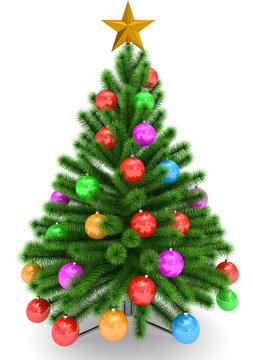 Christmas tree decorated with colorful Christmas balls and golden Christmas star - isolated on white