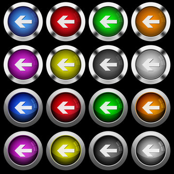 Left arrow white icons in round glossy buttons on black background