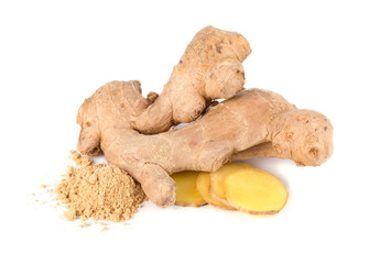 Ginger root and ground ginger isolated on white background. Close up