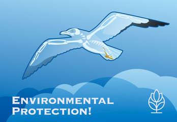 Poster Environmental Protection! with the silhouette and skeleton of a Seagull above the clouds